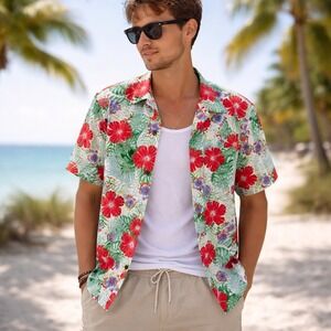 Tropical Hawaiian Floral Button Up Shirt Red Green Camp Collar S Vacation Surf